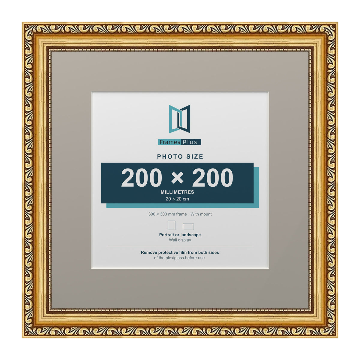 Louis Range Gold Picture, Photo & Poster Frame with Dawn Grey Mount - 30x30cm Frame for 20x20cm Photo, Gold