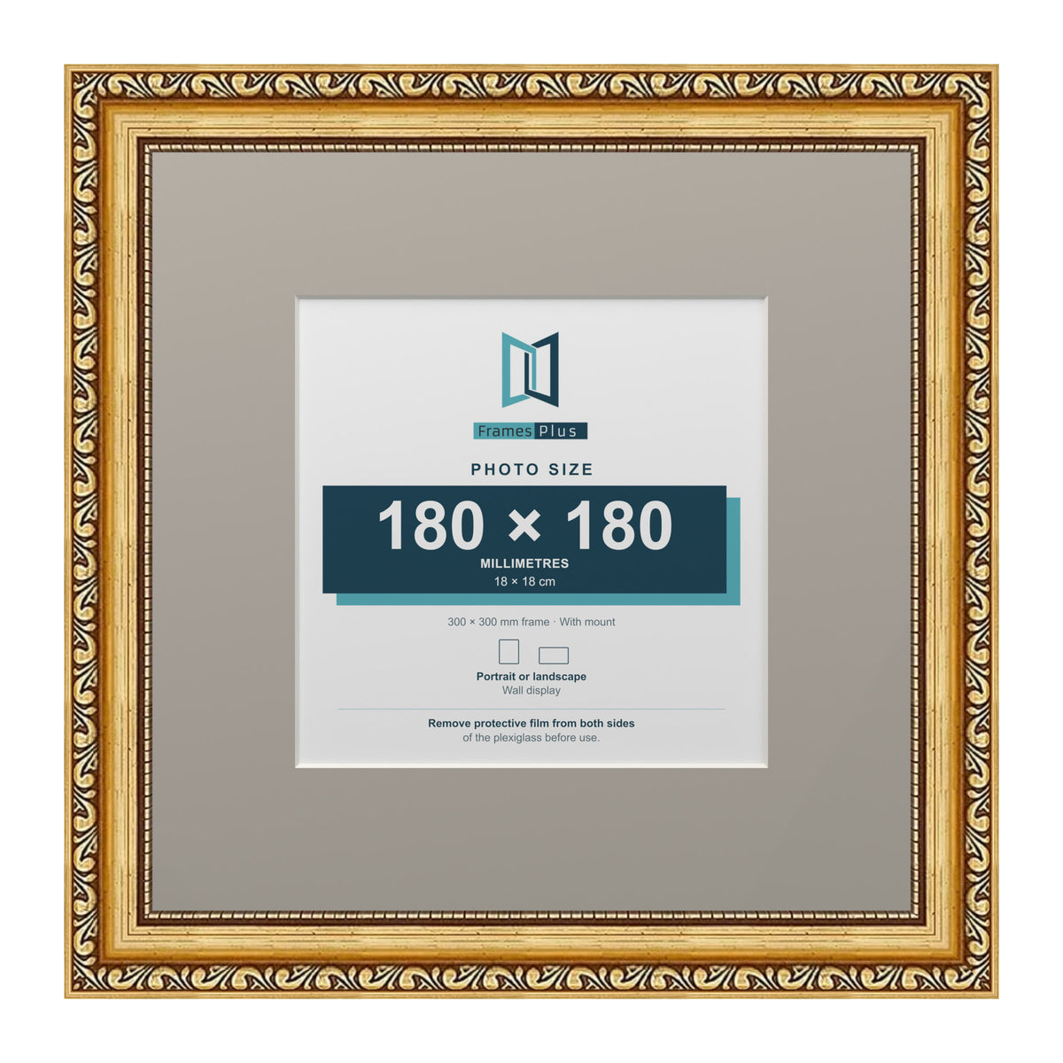 Louis Range Gold Picture, Photo & Poster Frame with Dawn Grey Mount - 30x30cm Frame for 18x18cm Photo, Gold