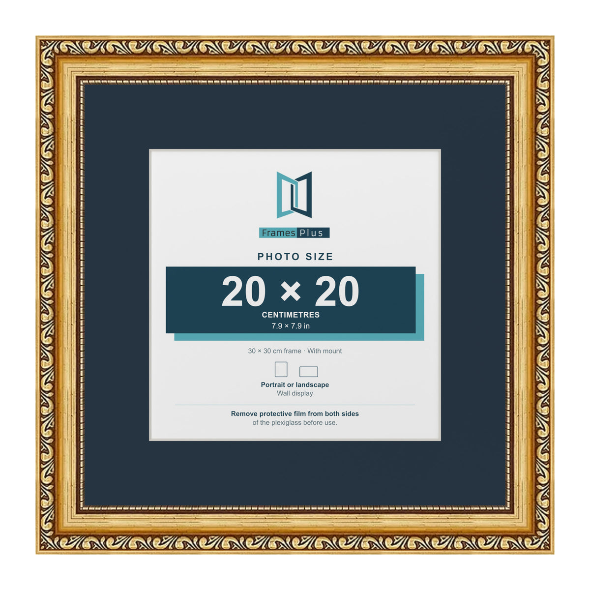 Louis Range Gold Picture, Photo & Poster Frame with Pacific Blue Mount - 30x30cm Frame for 20x20cm Photo, Gold