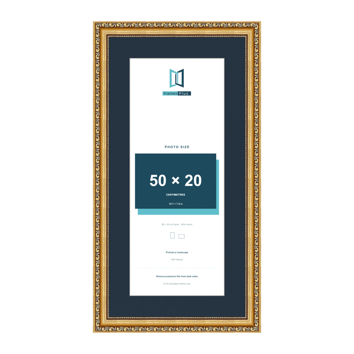 Louis Range Gold Picture, Photo & Poster Frame with Pacific Blue Mount - 60x30cm Frame for 50x20cm Photo, Gold