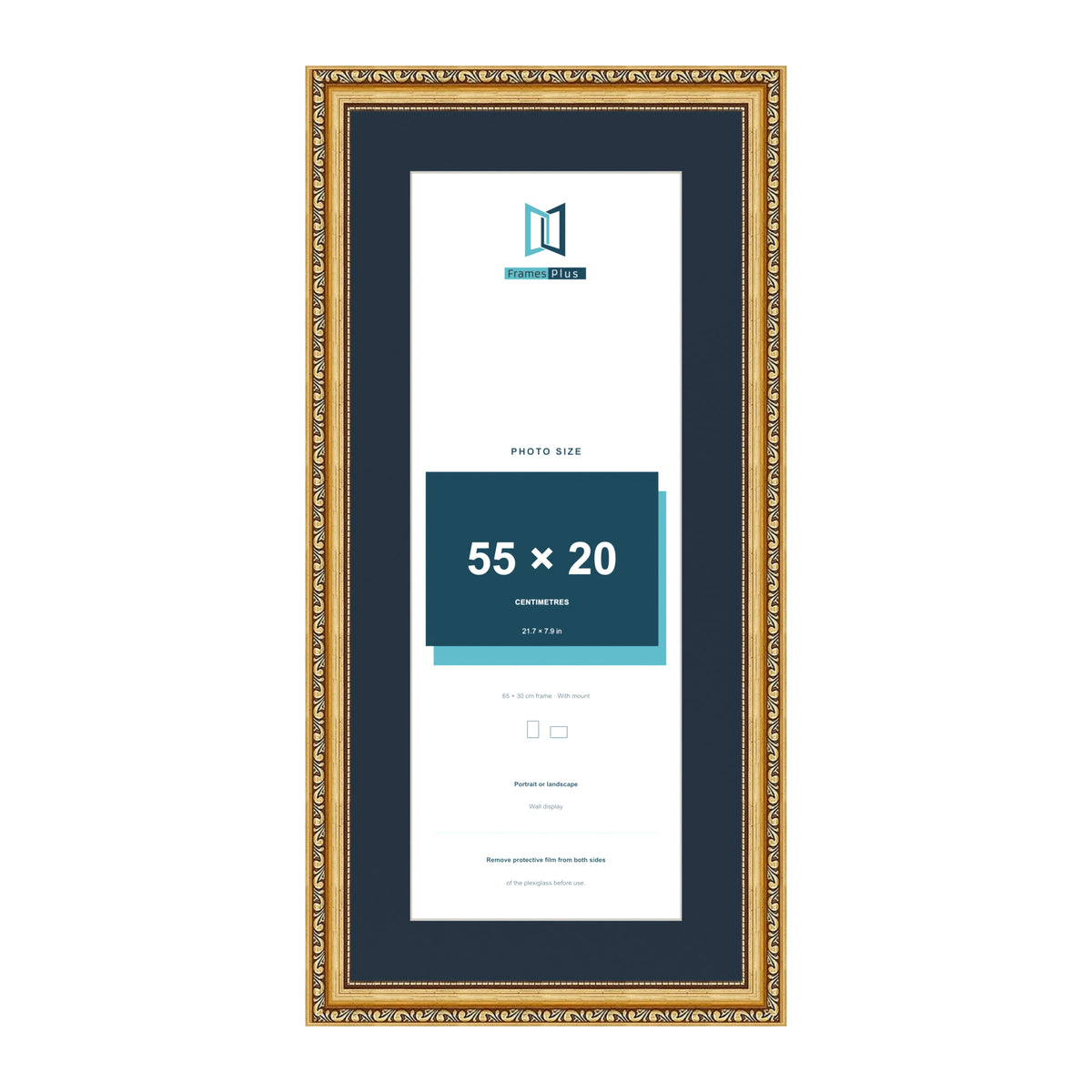 Louis Range Gold Picture, Photo & Poster Frame with Pacific Blue Mount - 65x30cm Frame for 55x20cm Photo, Gold