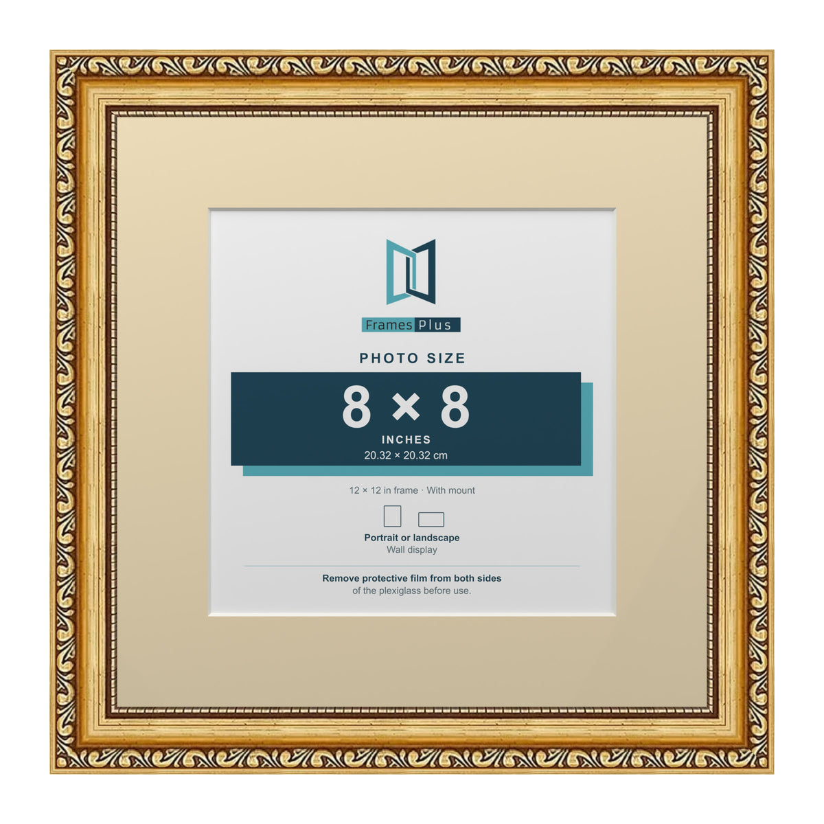 Louis Range Gold Picture, Photo & Poster Frame with Ivory Mount - 12x12" Frame for 8x8" Photo, Gold