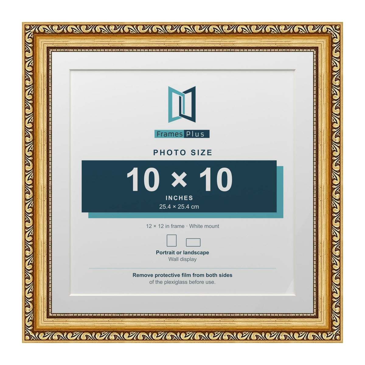 Louis Range Gold Picture, Photo & Poster Frame with White Mount - 12x12" Frame for 10x10" Photo, Gold