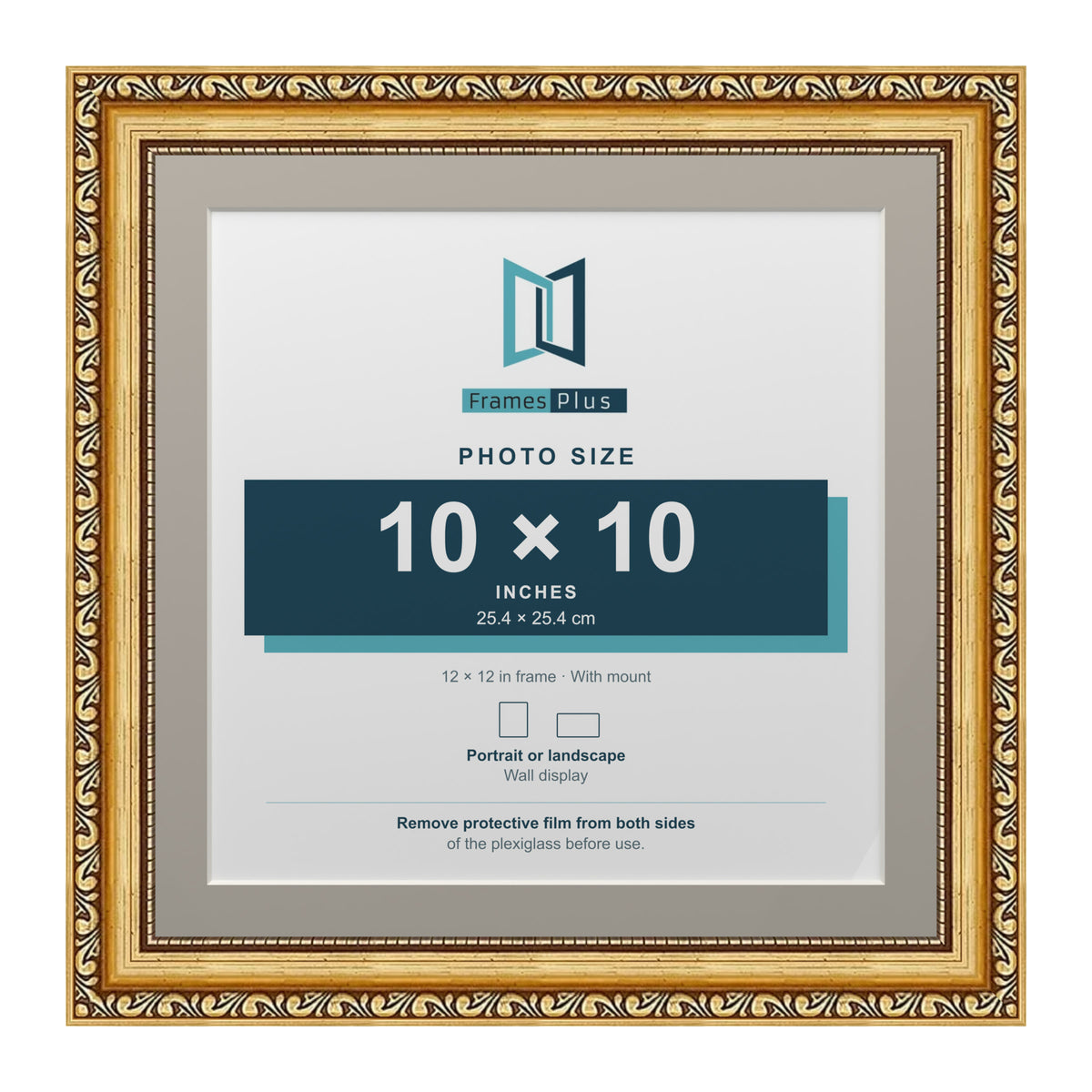 Louis Range Gold Picture, Photo & Poster Frame with Dawn Grey Mount - 12x12" Frame for 10x10" Photo, Gold