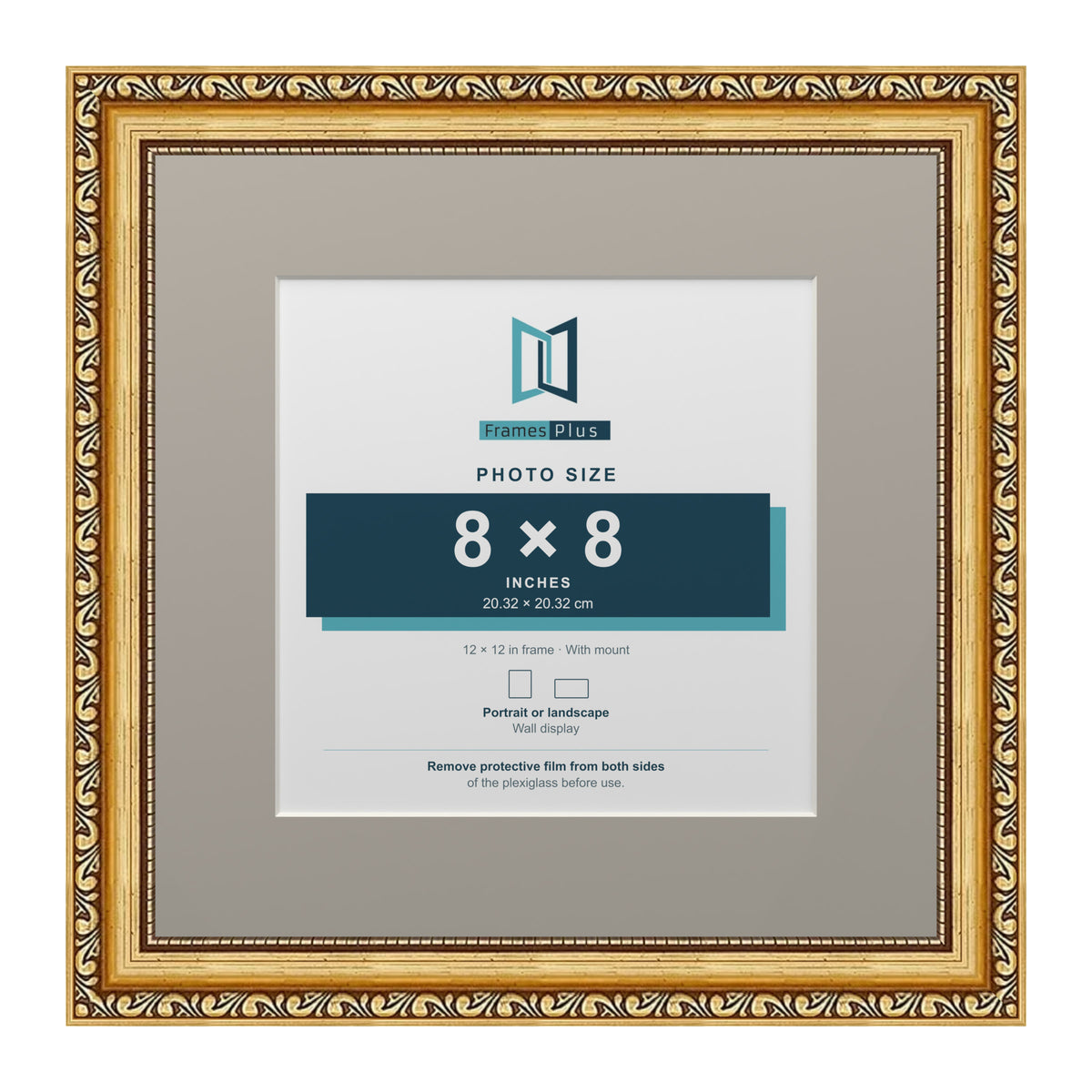 Louis Range Gold Picture, Photo & Poster Frame with Dawn Grey Mount - 12x12" Frame for 8x8" Photo, Gold