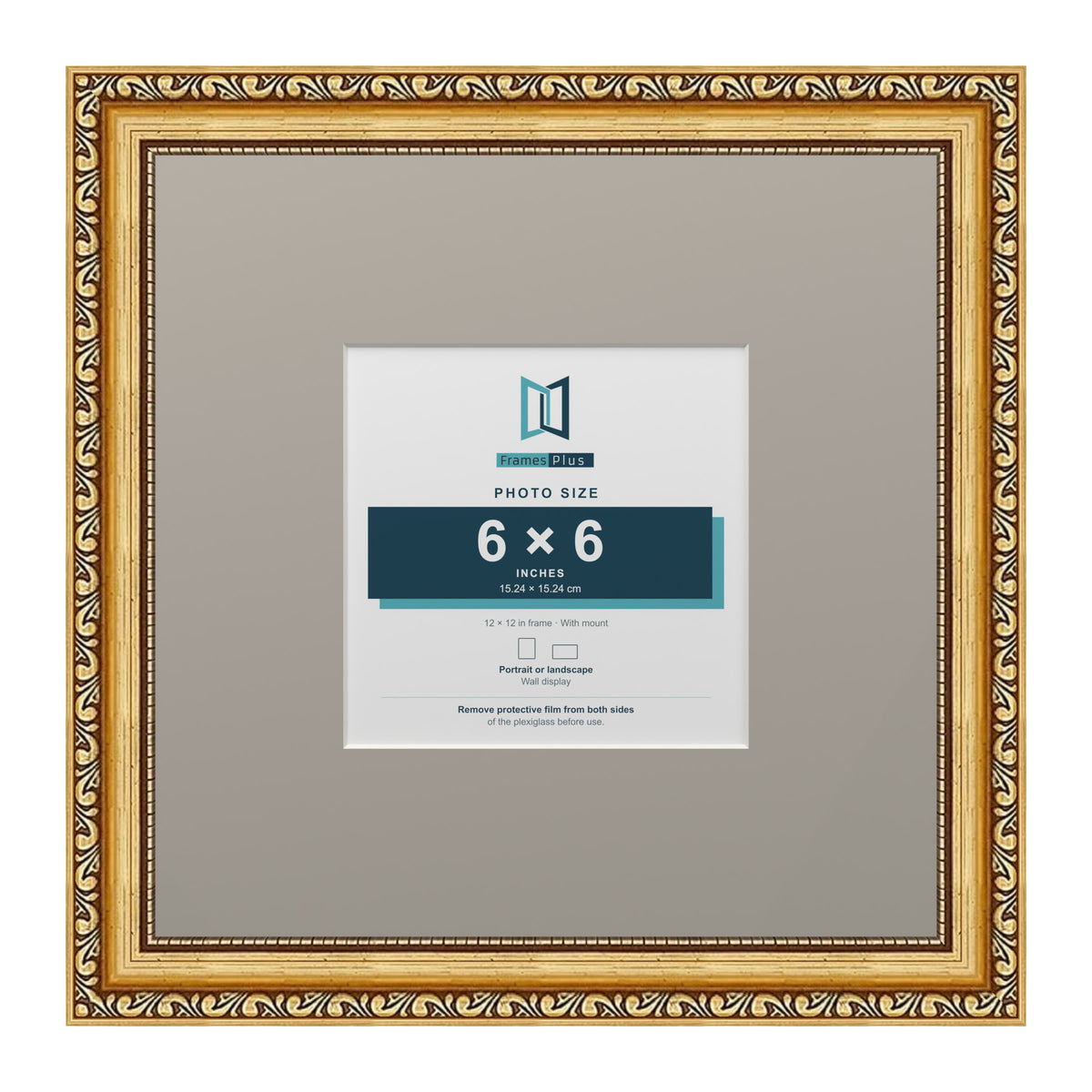 Louis Range Gold Picture, Photo & Poster Frame with Dawn Grey Mount - 12x12" Frame for 6x6" Photo, Gold