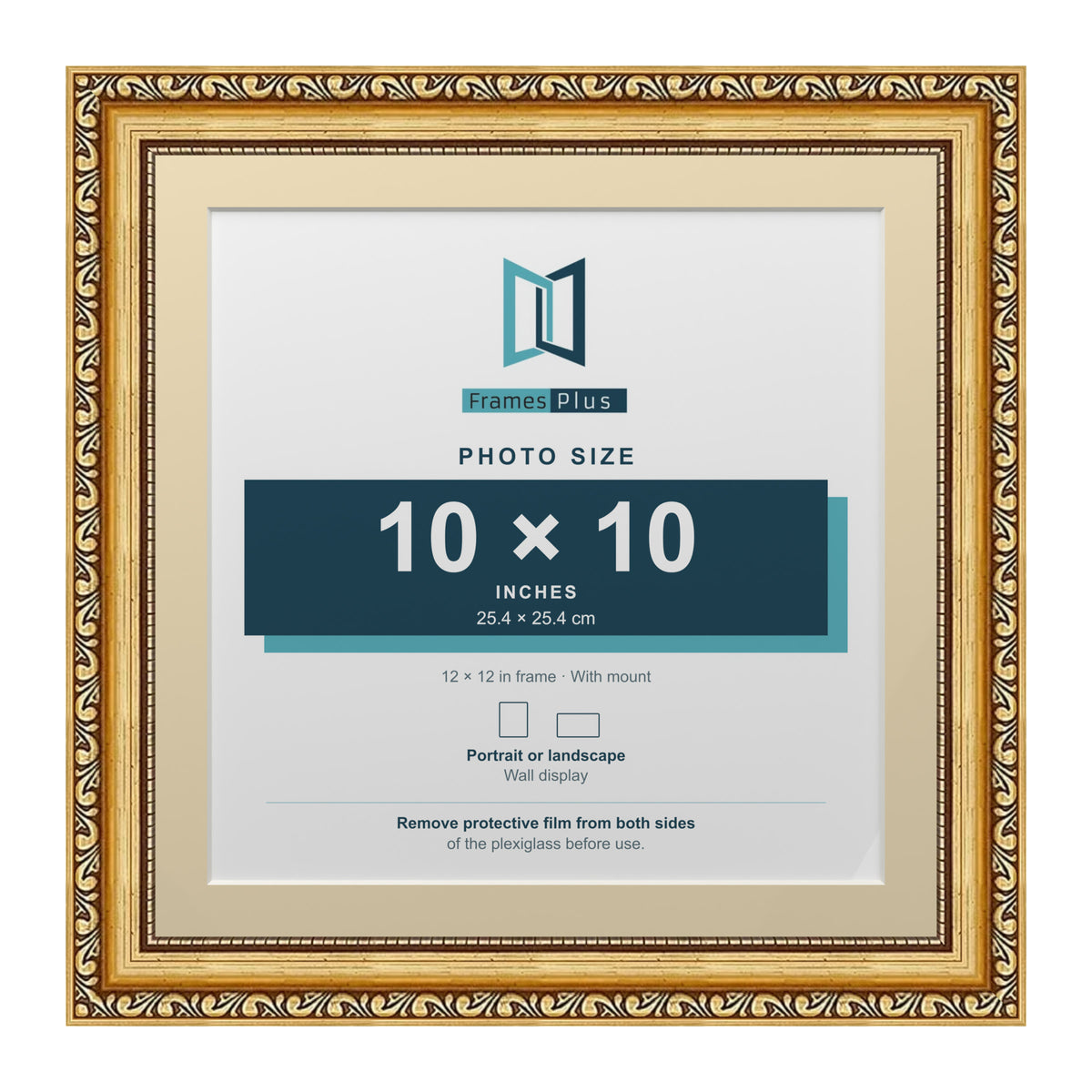 Louis Range Gold Picture, Photo & Poster Frame with Ivory Mount - 12x12" Frame for 10x10" Photo, Gold