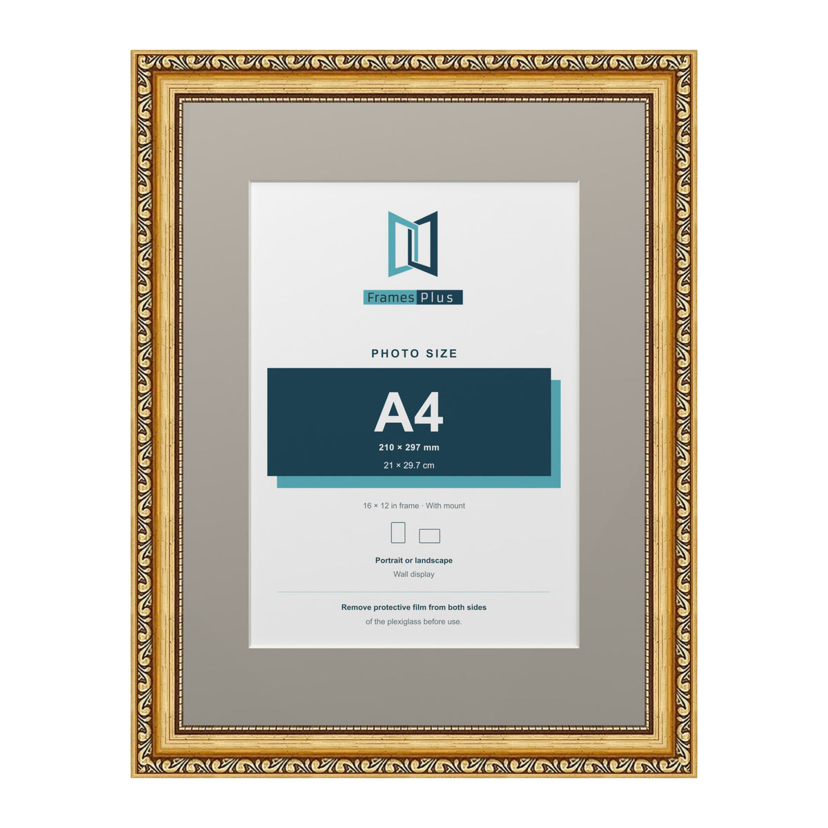 Louis Range Gold Picture, Photo & Poster Frame with Dawn Grey Mount - 16x12" Frame for A4 Photo, Gold