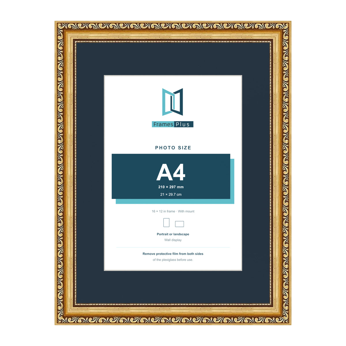 Louis Range Gold Picture, Photo & Poster Frame with Pacific Blue Mount - 16x12" Frame for A4 Photo, Gold