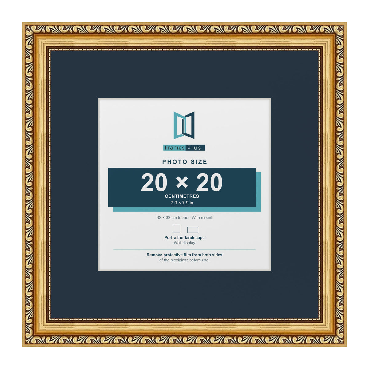 Louis Range Gold Picture, Photo & Poster Frame with Pacific Blue Mount - 32x32cm Frame for 20x20cm Photo, Gold