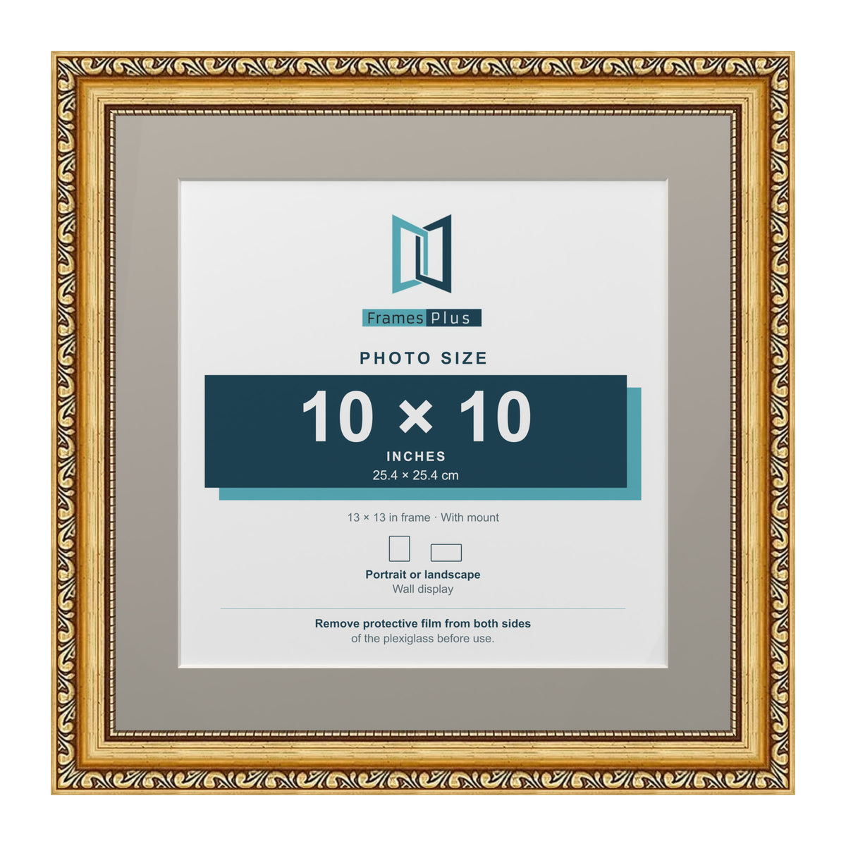 Louis Range Gold Picture, Photo & Poster Frame with Dawn Grey Mount - 13x13" Frame for 10x10" Photo, Gold