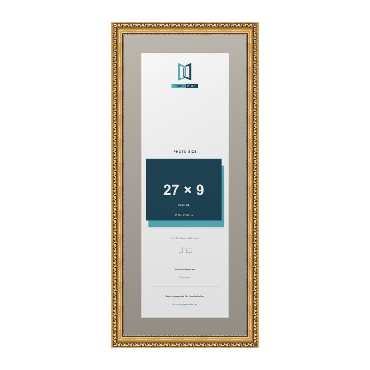Louis Range Gold Picture, Photo & Poster Frame with Dawn Grey Mount - 31x13" Frame for 27x9" Photo, Gold