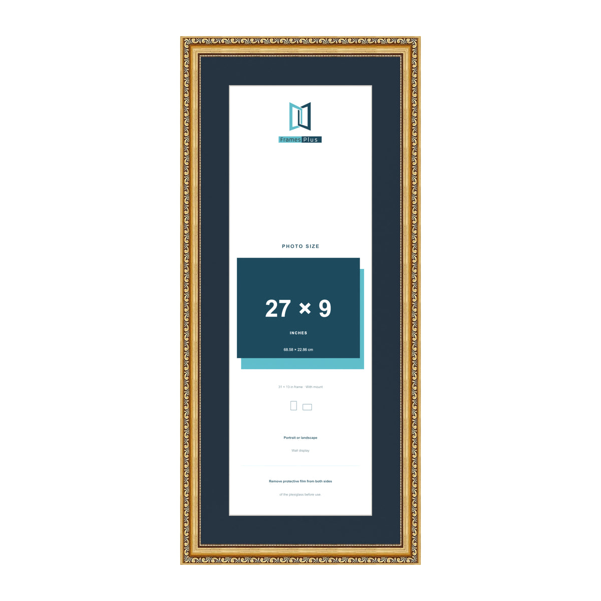 Louis Range Gold Picture, Photo & Poster Frame with Pacific Blue Mount - 31x13" Frame for 27x9" Photo, Gold
