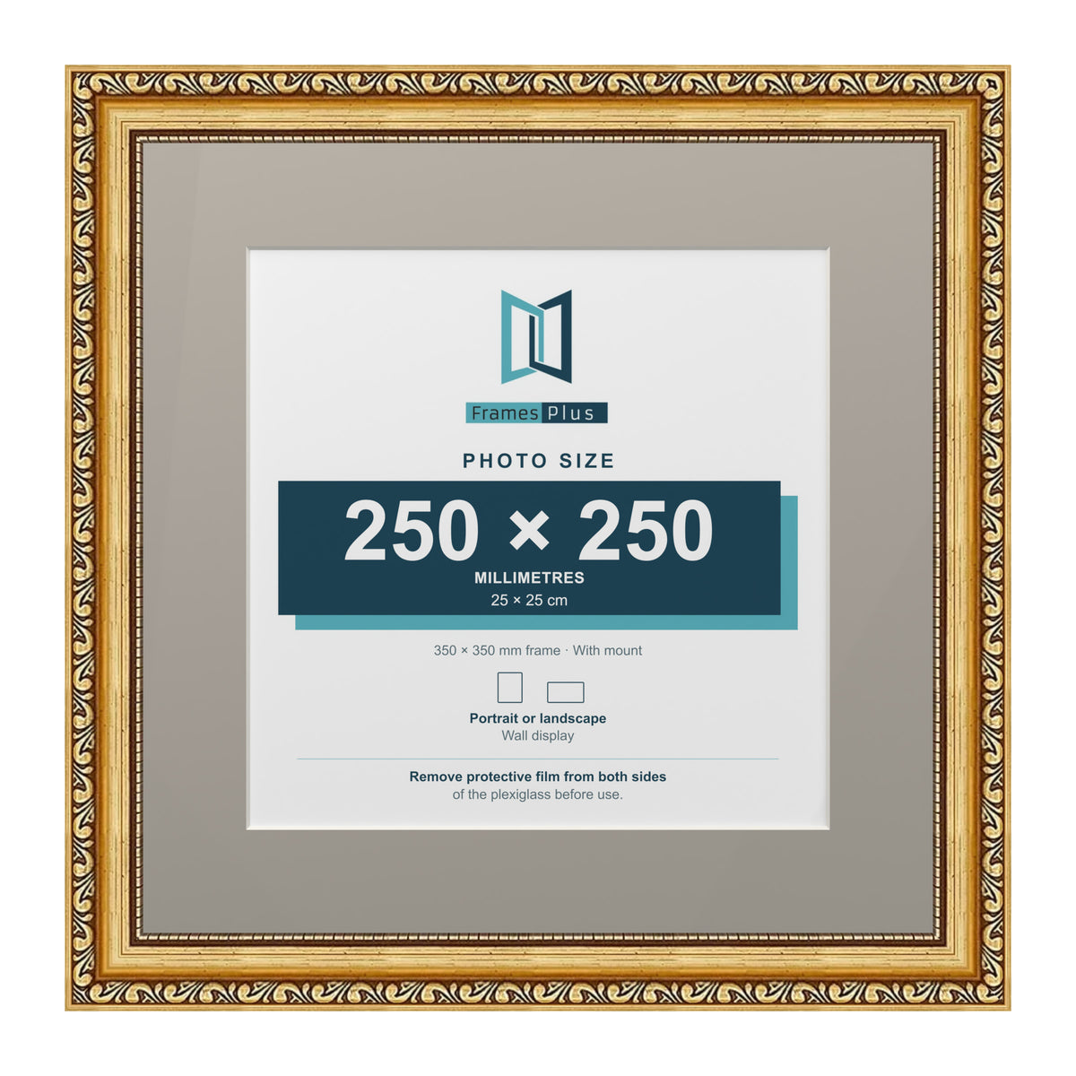 Louis Range Gold Picture, Photo & Poster Frame with Dawn Grey Mount - 35x35cm Frame for 25x25cm Photo, Gold