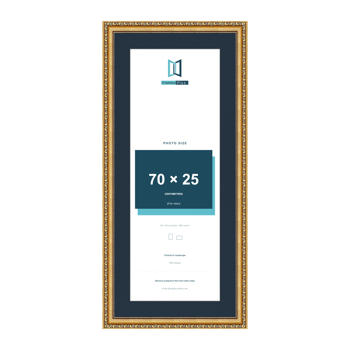 Louis Range Gold Picture, Photo & Poster Frame with Pacific Blue Mount - 80x35cm Frame for 70x25cm Photo, Gold