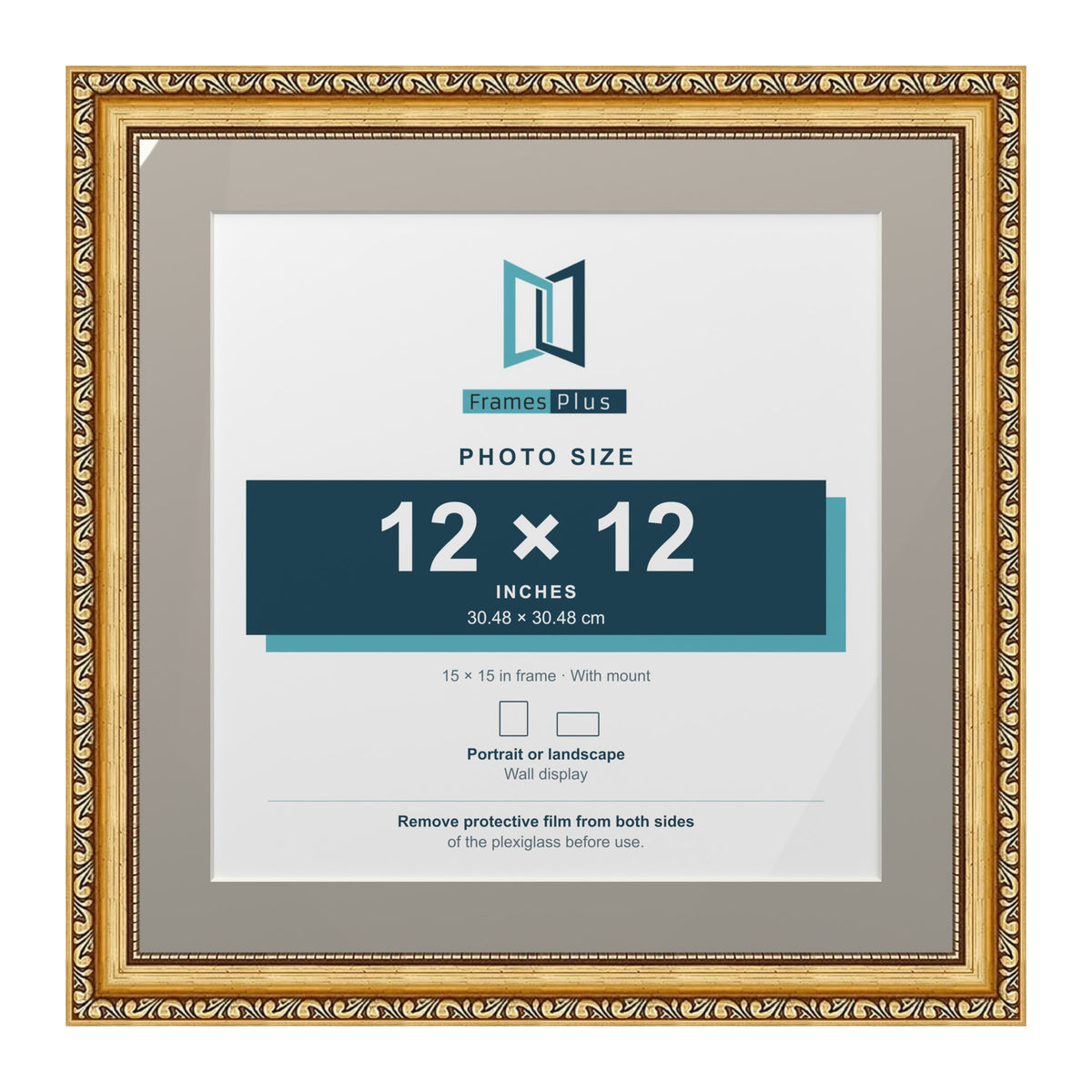 Louis Range Gold Picture, Photo & Poster Frame with Dawn Grey Mount - 15x15" Frame for 12x12" Photo, Gold