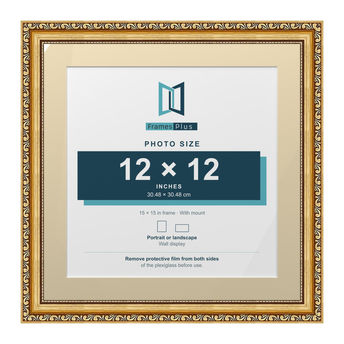 Louis Range Gold Picture, Photo & Poster Frame with Ivory Mount - 15x15" Frame for 12x12" Photo, Gold