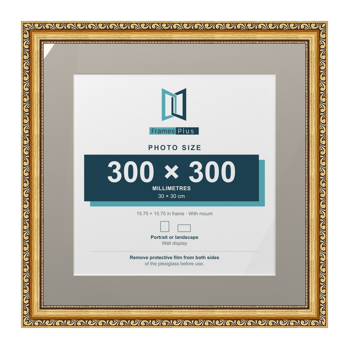 Louis Range Gold Picture, Photo & Poster Frame with Dawn Grey Mount - 40x40cm Frame for 30x30cm Photo, Gold