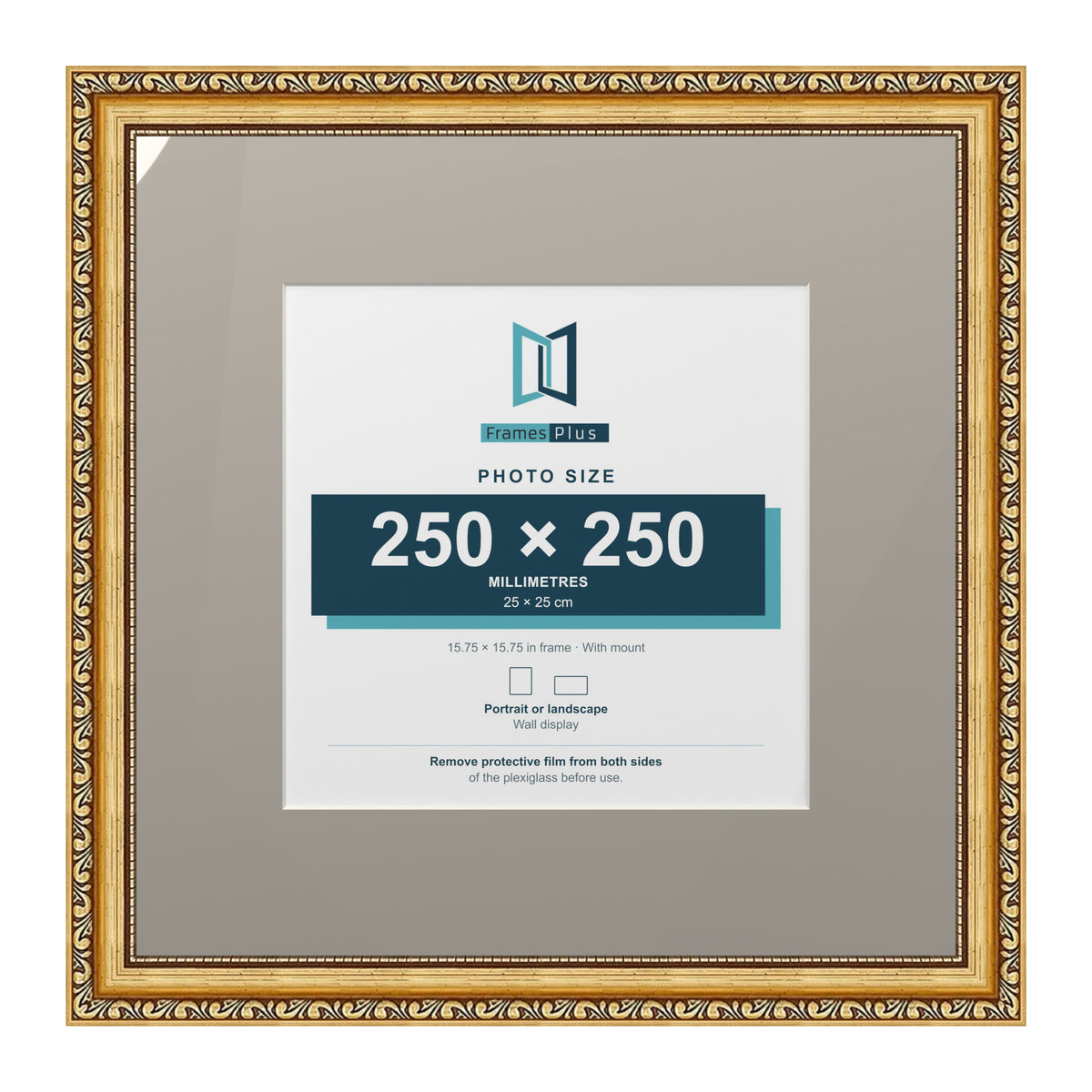 Louis Range Gold Picture, Photo & Poster Frame with Dawn Grey Mount - 40x40cm Frame for 25x25cm Photo, Gold