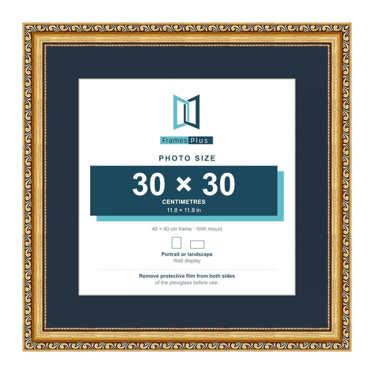 Louis Range Gold Picture, Photo & Poster Frame with Pacific Blue Mount - 40x40cm Frame for 30x30cm Photo, Gold