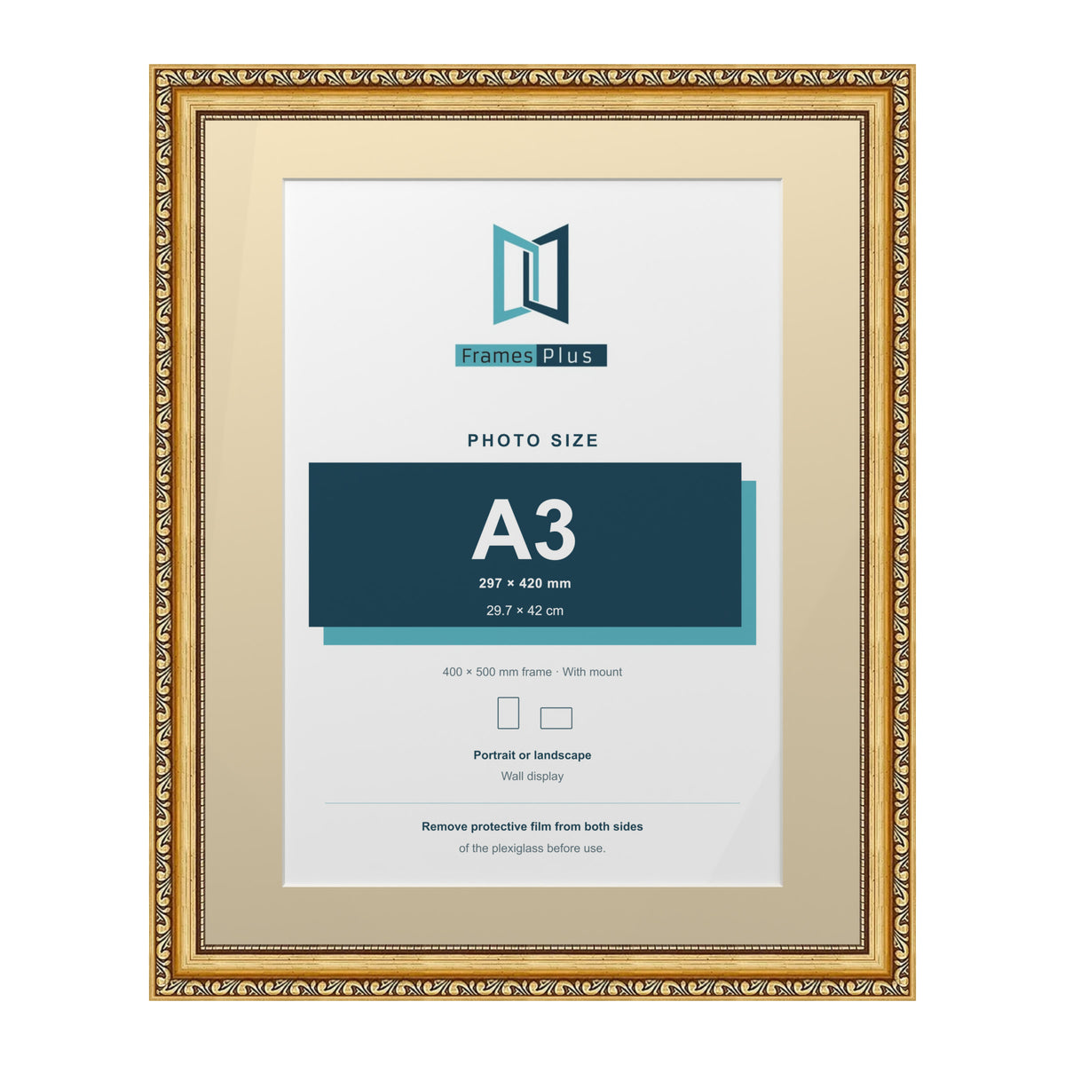 Louis Range Gold Picture, Photo & Poster Frame with Ivory Mount - 50x40cm Frame for A3 Photo, Gold