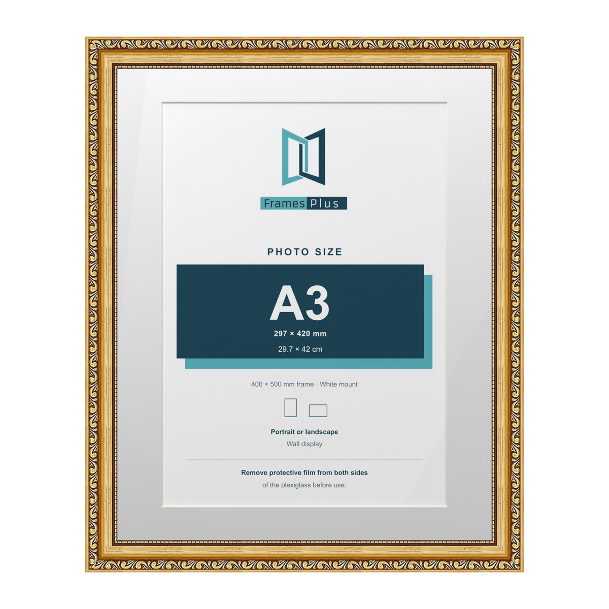 Louis Range Gold Picture, Photo & Poster Frame with White Mount - 50x40cm Frame for A3 Photo, Gold