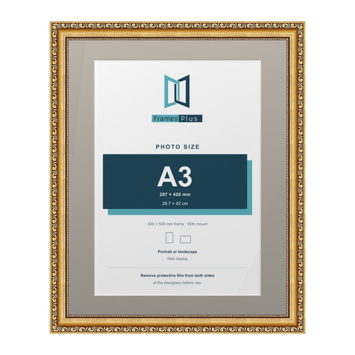 Louis Range Gold Picture, Photo & Poster Frame with Dawn Grey Mount - 50x40cm Frame for A3 Photo, Gold