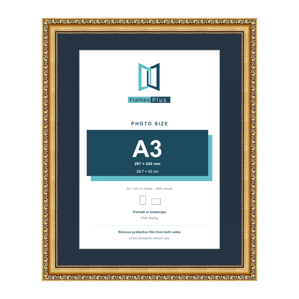 Louis Range Gold Picture, Photo & Poster Frame with Pacific Blue Mount - 50x40cm Frame for A3 Photo, Gold