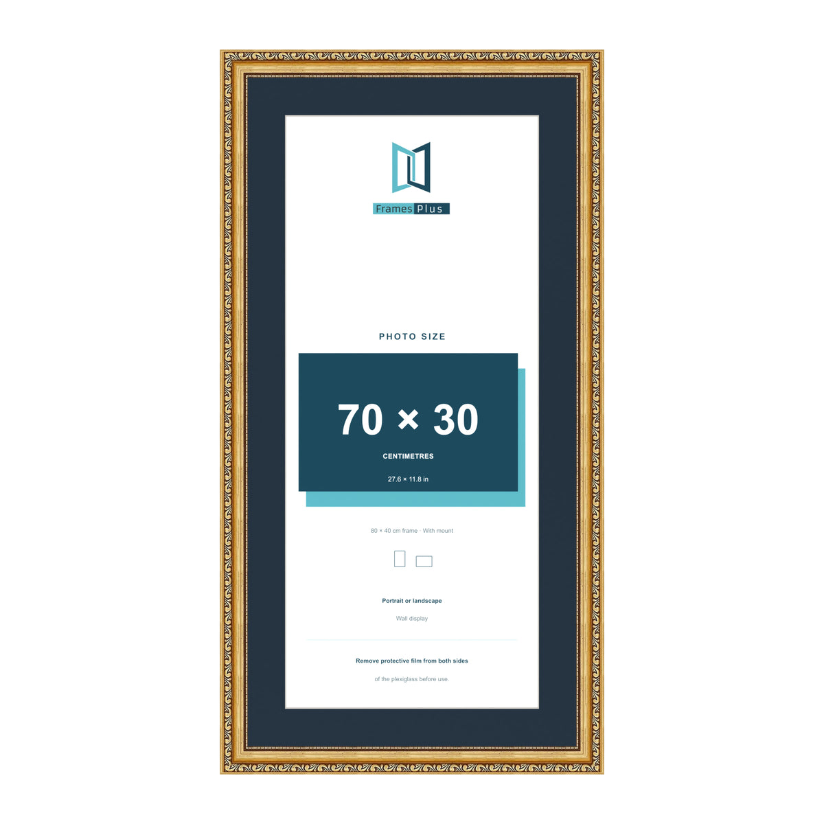 Louis Range Gold Picture, Photo & Poster Frame with Pacific Blue Mount - 80x40cm Frame for 70x30cm Photo, Gold