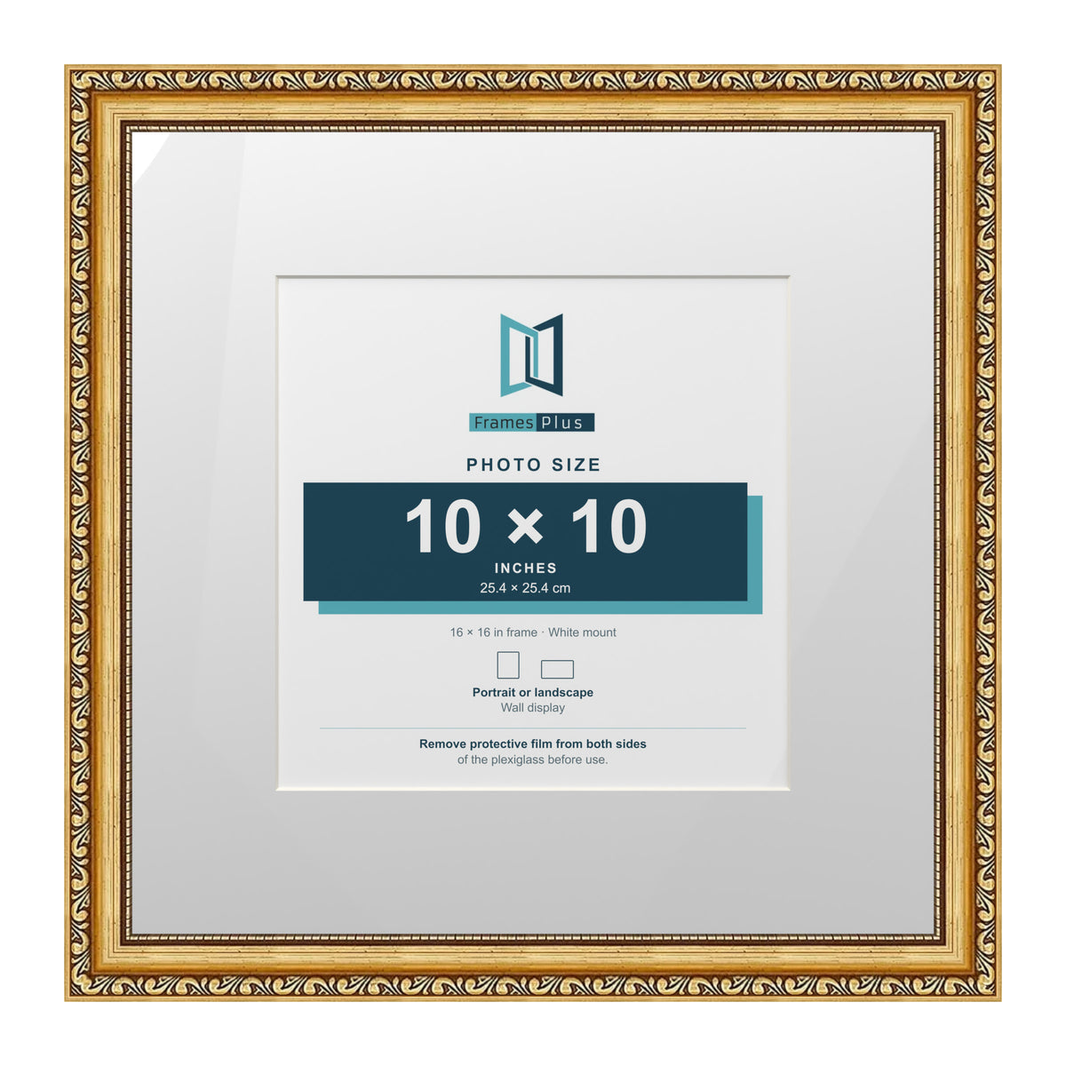 Louis Range Gold Picture, Photo & Poster Frame with White Mount - 16x16" Frame for 10x10" Photo, Gold