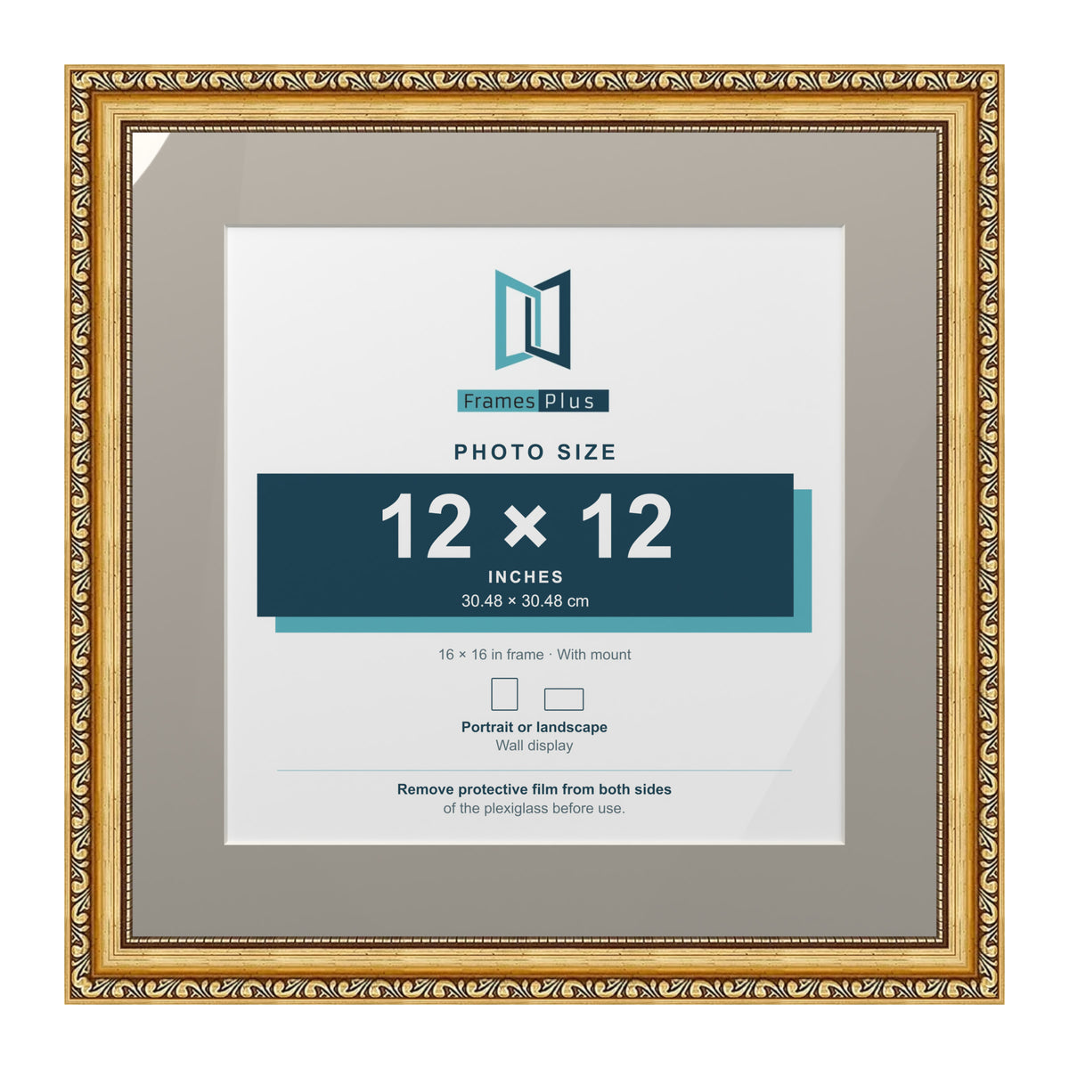 Louis Range Gold Picture, Photo & Poster Frame with Dawn Grey Mount - 16x16" Frame for 12x12" Photo, Gold