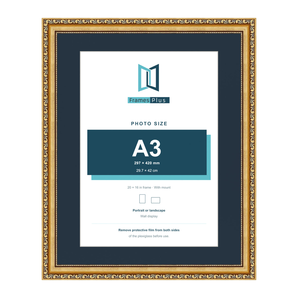 Louis Range Gold Picture, Photo & Poster Frame with Pacific Blue Mount - 20x16" Frame for A3 Photo, Gold