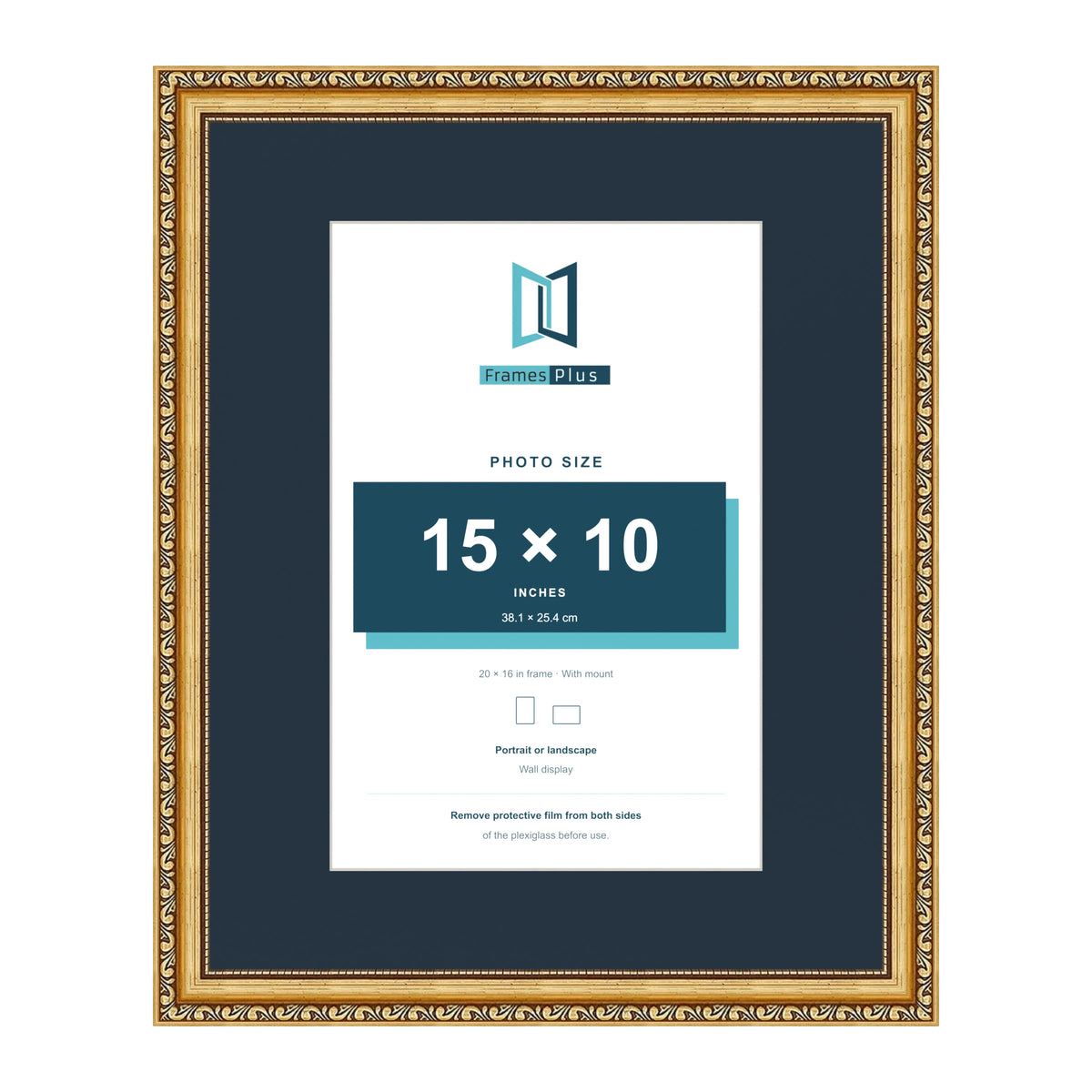 Louis Range Gold Picture, Photo & Poster Frame with Pacific Blue Mount - 20x16" Frame for 15x10" Photo, Gold