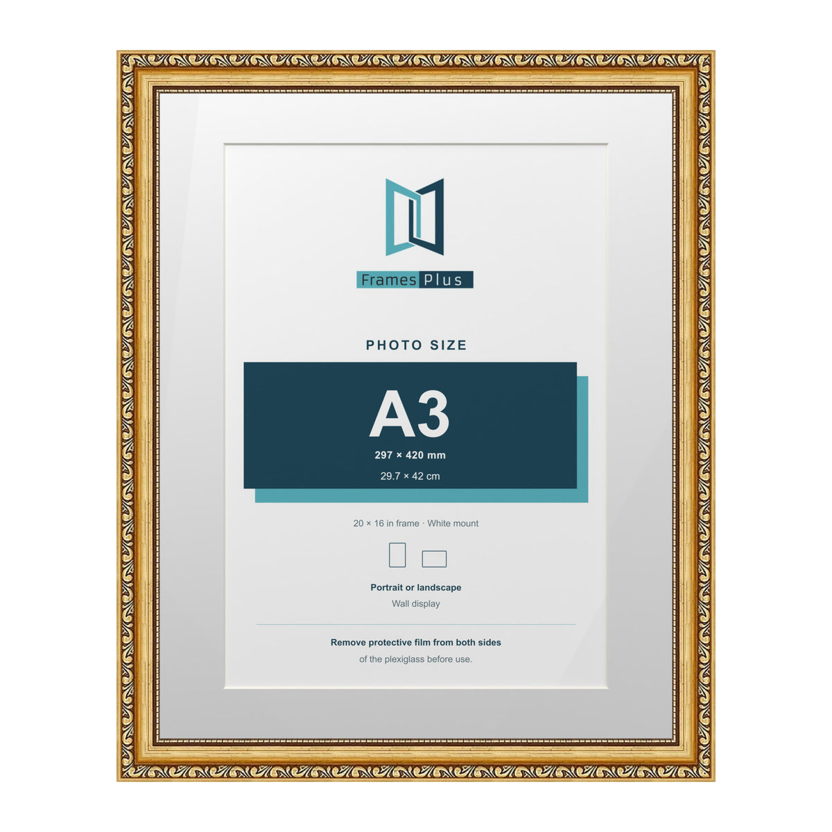 Louis Range Gold Picture, Photo & Poster Frame with White Mount - 20x16" Frame for A3 Photo, Gold