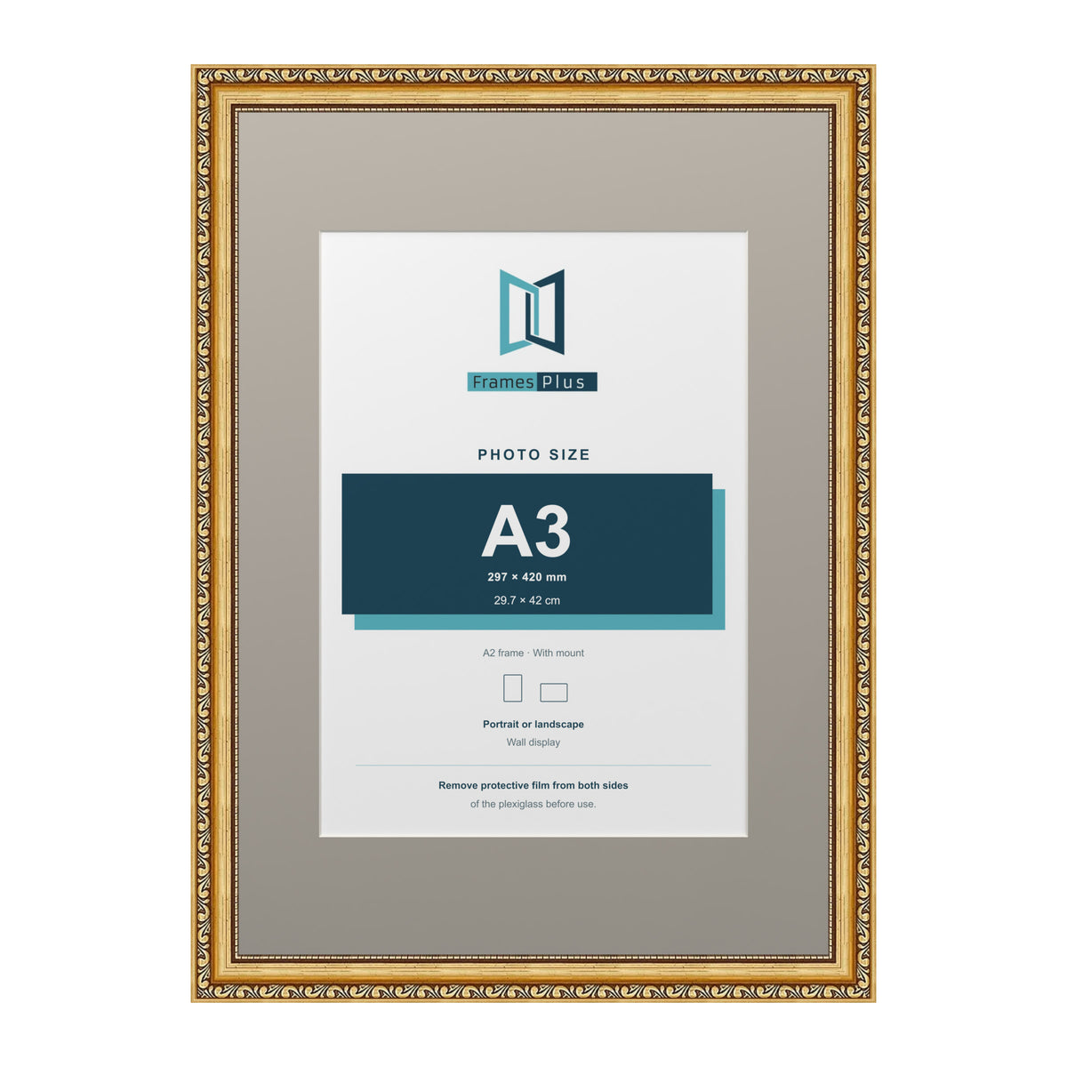 Louis Range Gold Picture, Photo & Poster Frame with Dawn Grey Mount - A2 Frame for A3 Photo, Gold