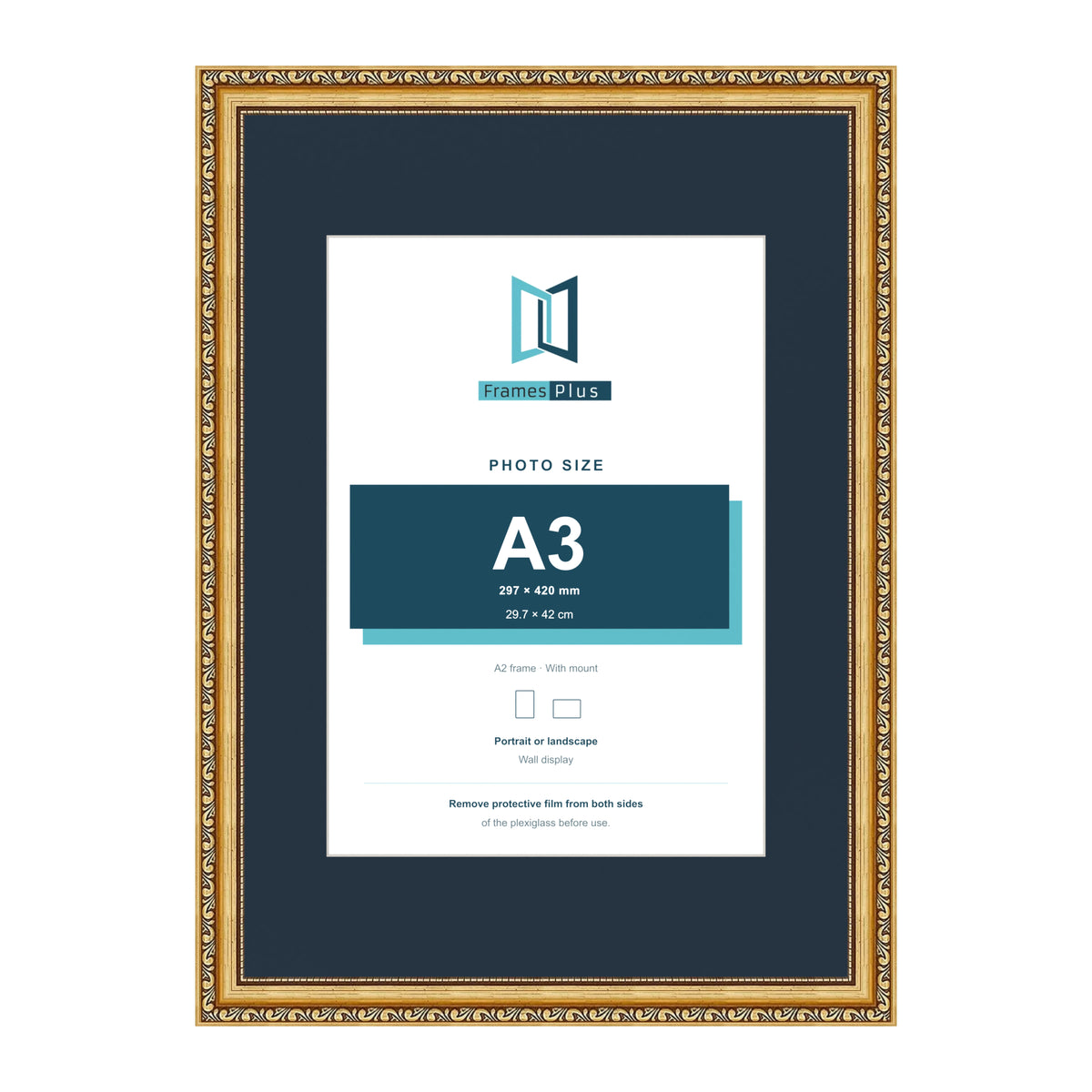 Louis Range Gold Picture, Photo & Poster Frame with Pacific Blue Mount - A2 Frame for A3 Photo, Gold