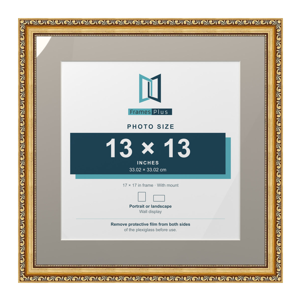 Louis Range Gold Picture, Photo & Poster Frame with Dawn Grey Mount - 17x17" Frame for 13x13" Photo, Gold
