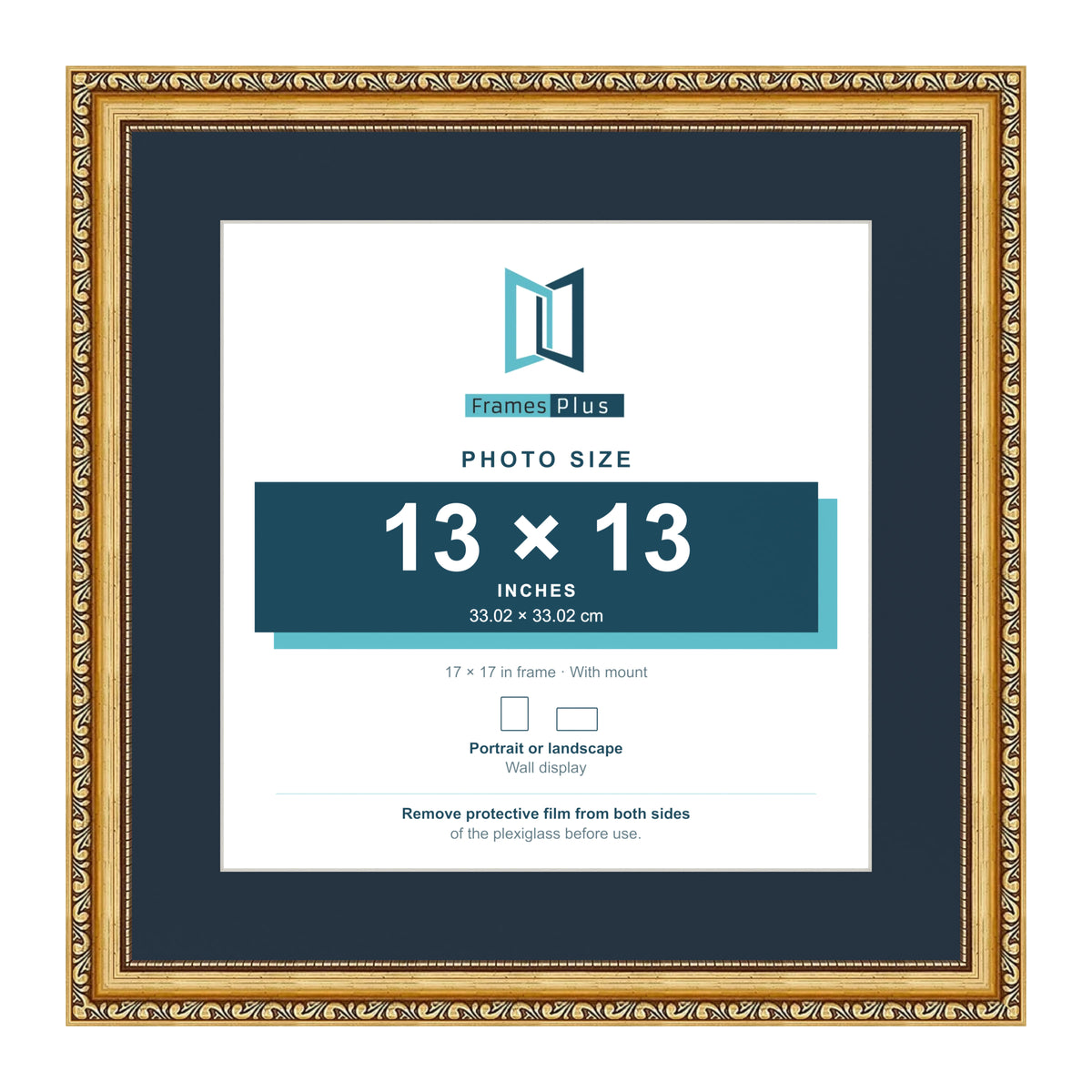 Louis Range Gold Picture, Photo & Poster Frame with Pacific Blue Mount - 17x17" Frame for 13x13" Photo, Gold