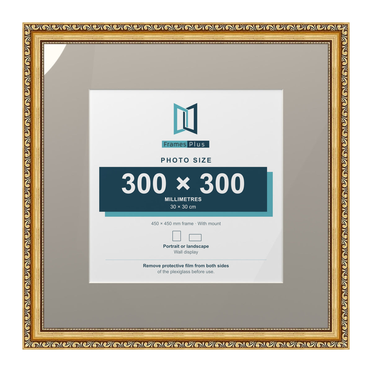 Louis Range Gold Picture, Photo & Poster Frame with Dawn Grey Mount - 45x45cm Frame for 30x30cm Photo, Gold