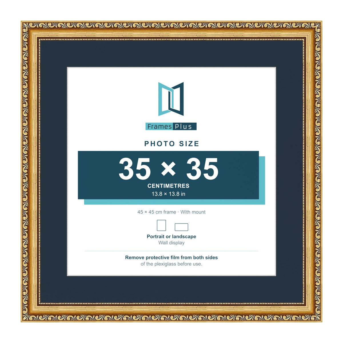 Louis Range Gold Picture, Photo & Poster Frame with Pacific Blue Mount - 45x45cm Frame for 35x35cm Photo, Gold