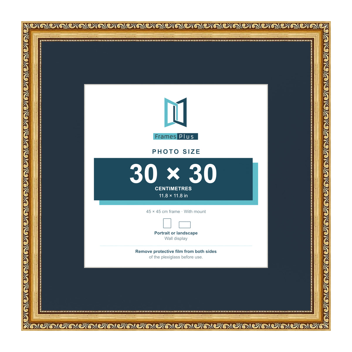 Louis Range Gold Picture, Photo & Poster Frame with Pacific Blue Mount - 45x45cm Frame for 30x30cm Photo, Gold