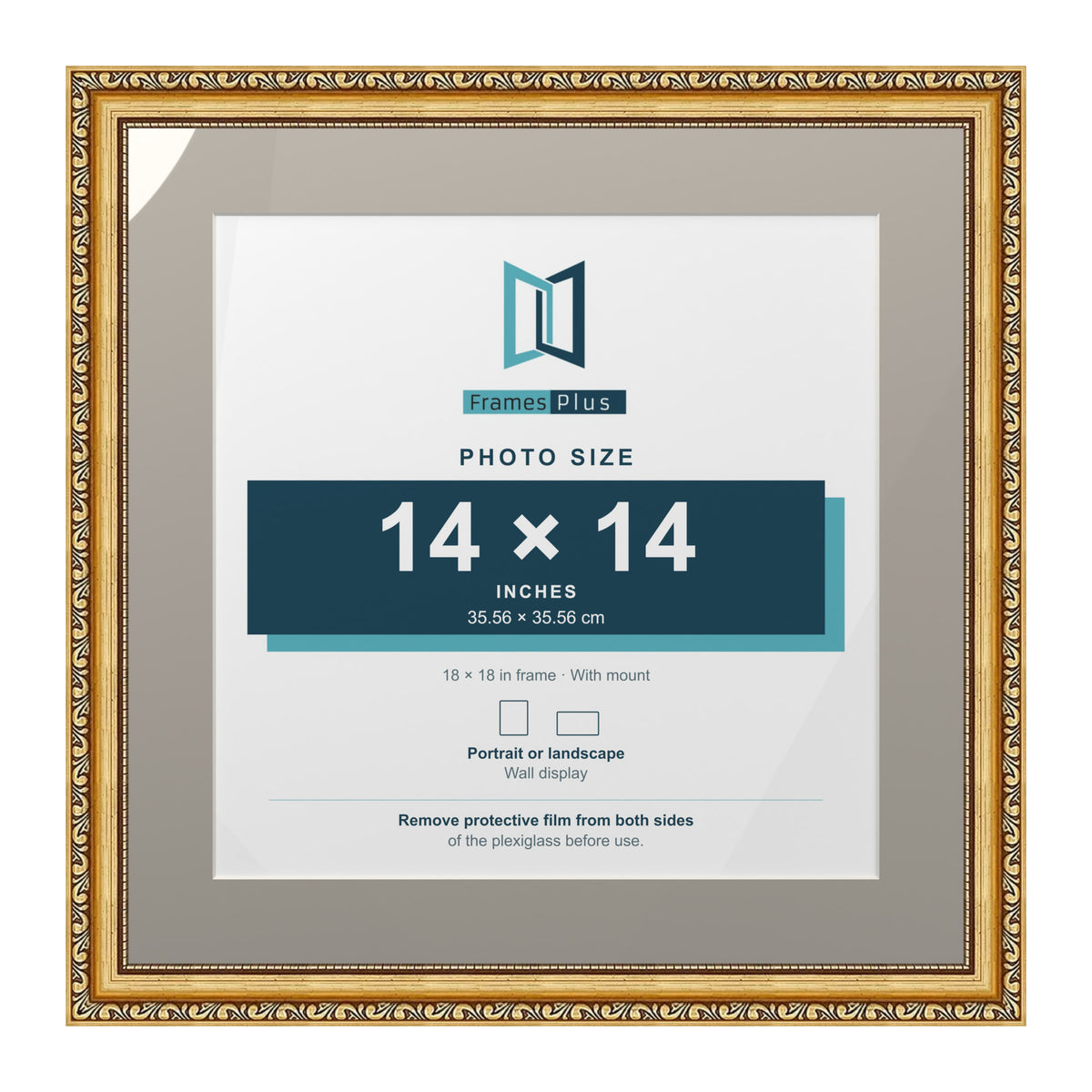Louis Range Gold Picture, Photo & Poster Frame with Dawn Grey Mount - 18x18" Frame for 14x14" Photo, Gold