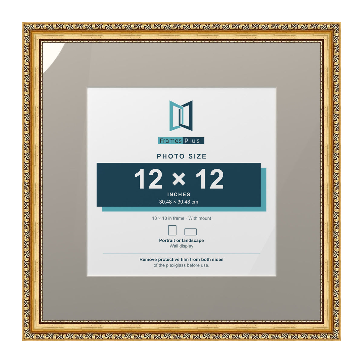 Louis Range Gold Picture, Photo & Poster Frame with Dawn Grey Mount - 18x18" Frame for 12x12" Photo, Gold