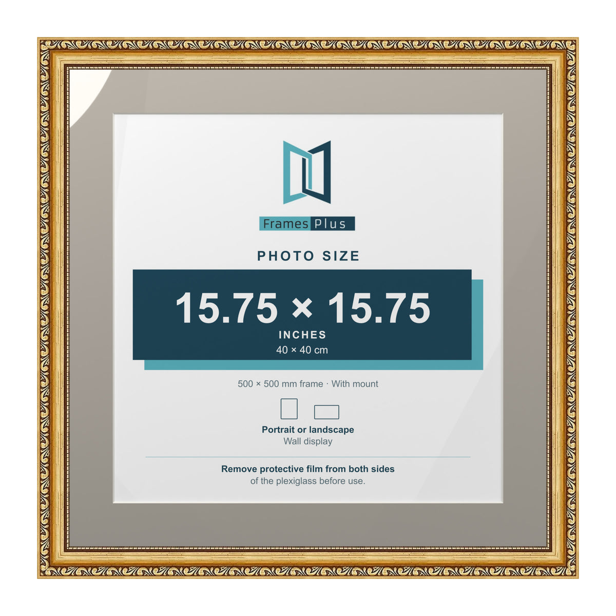 Louis Range Gold Picture, Photo & Poster Frame with Dawn Grey Mount - 50x50cm Frame for 40x40cm Photo, Gold