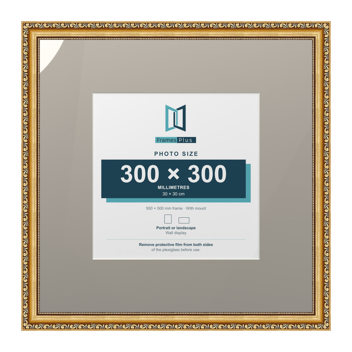 Louis Range Gold Picture, Photo & Poster Frame with Dawn Grey Mount - 50x50cm Frame for 30x30cm Photo, Gold