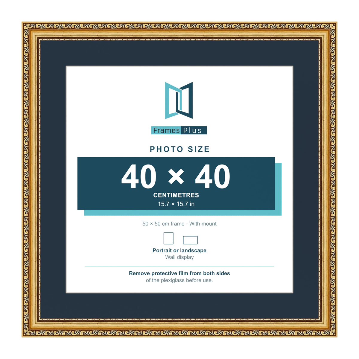 Louis Range Gold Picture, Photo & Poster Frame with Pacific Blue Mount - 50x50cm Frame for 40x40cm Photo, Gold