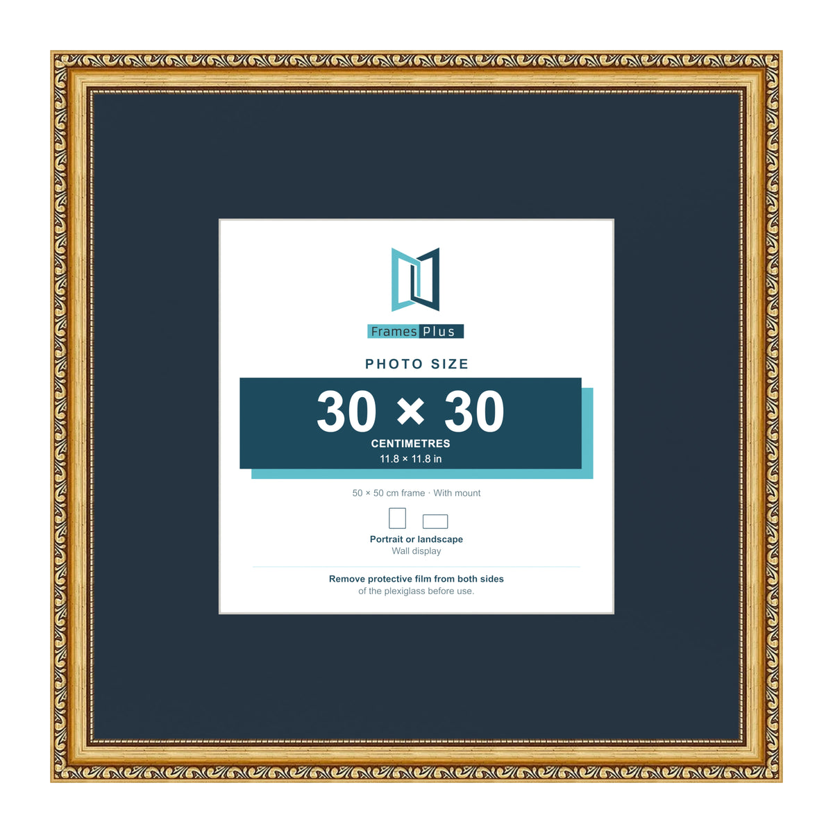 Louis Range Gold Picture, Photo & Poster Frame with Pacific Blue Mount - 50x50cm Frame for 30x30cm Photo, Gold