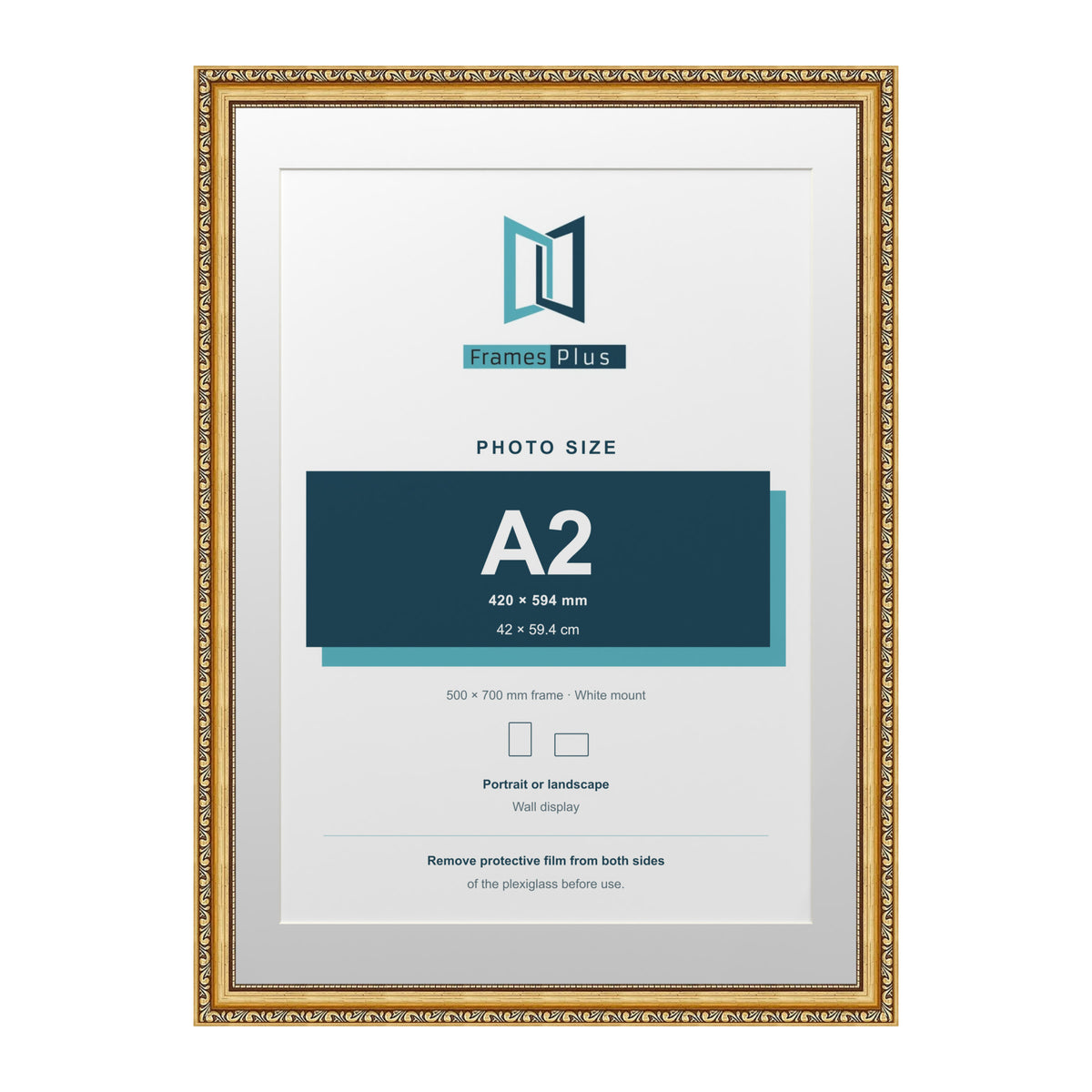 Louis Range Gold Picture, Photo & Poster Frame with White Mount - 70x50cm Frame for A2 Photo, Gold