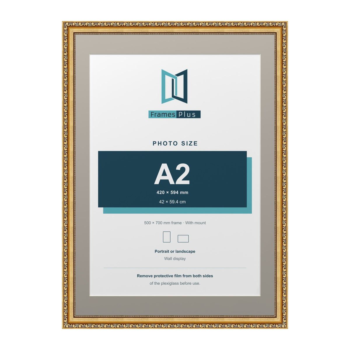 Louis Range Gold Picture, Photo & Poster Frame with Dawn Grey Mount - 70x50cm Frame for A2 Photo, Gold