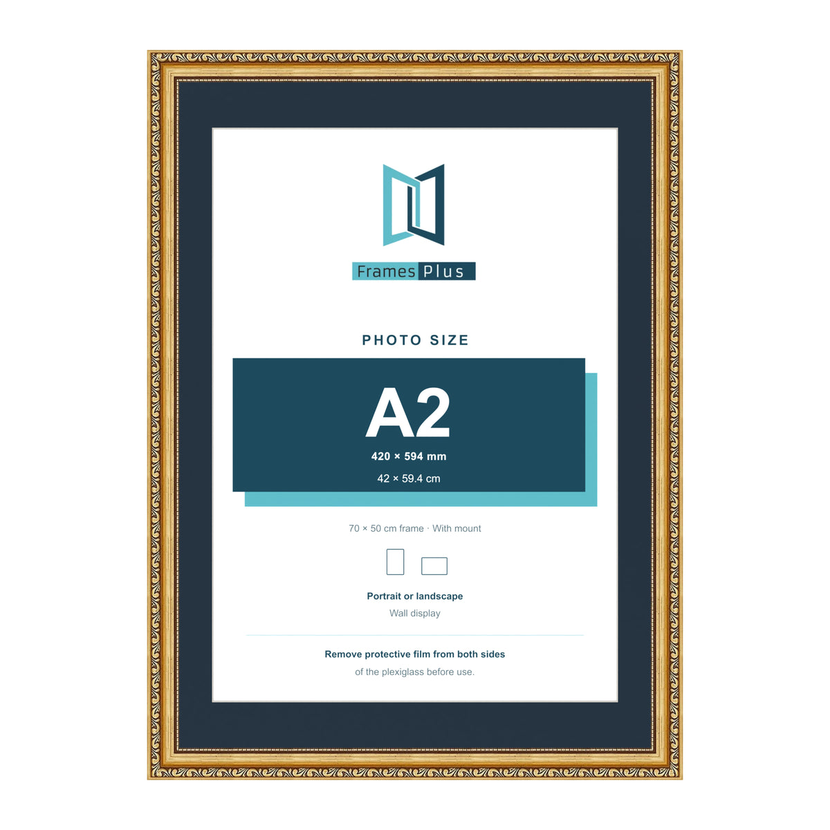 Louis Range Gold Picture, Photo & Poster Frame with Pacific Blue Mount - 70x50cm Frame for A2 Photo, Gold